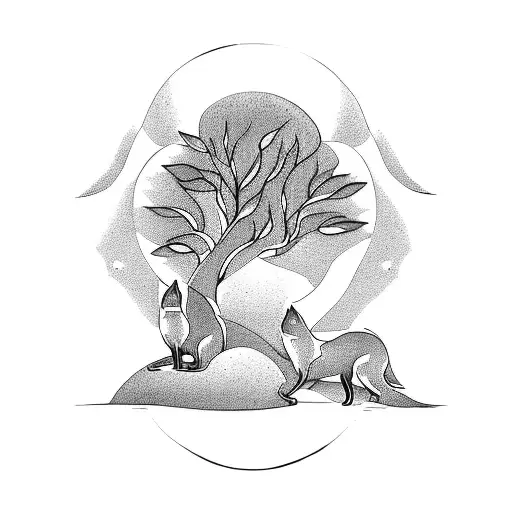 A Gemini symbol formed by two trees with foxes peeking out from behind them tattoo design idea