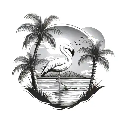 greyscale big flamingo, palm trees, sea, sky  tattoo design idea