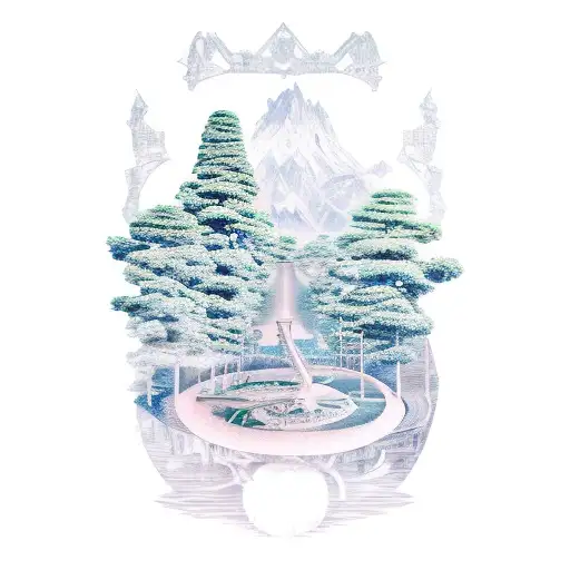 A surreal landscape tattoo featuring a botanical garden with a hidden airport runway tattoo design idea