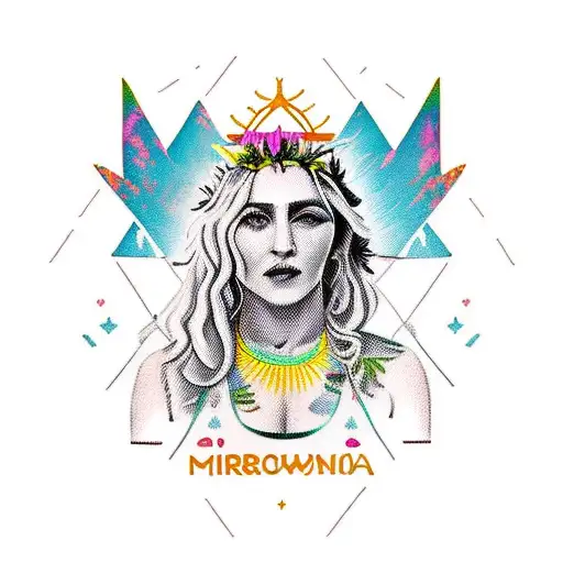 A whimsical tattoo of Madonna as a nature goddess surrounded by camping gear and travel symbols tattoo design idea