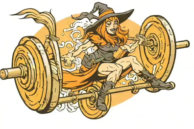 witch riding a barbell as a broom tattoo design idea