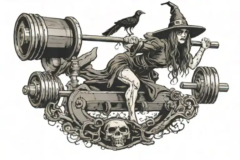 witch riding a barbell with coffee weights  tattoo design idea