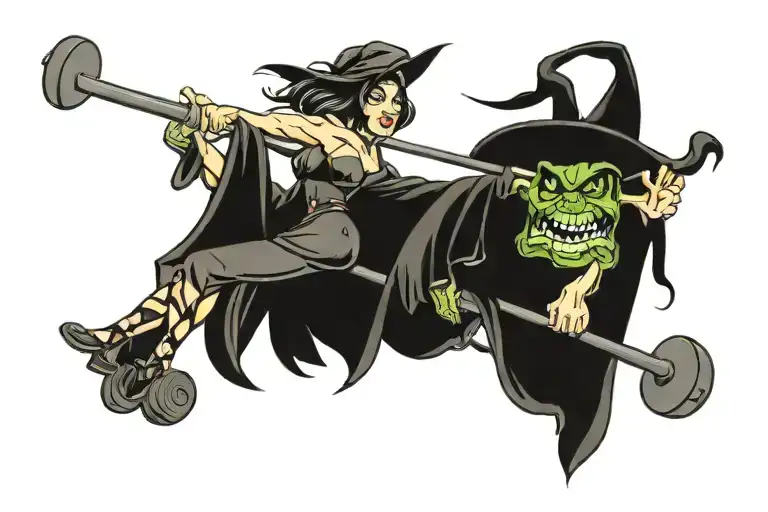 witch riding a barbell tattoo design idea