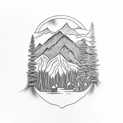 Nature with mountain and owls, trees and wolves, and a waterfall tattoo design idea