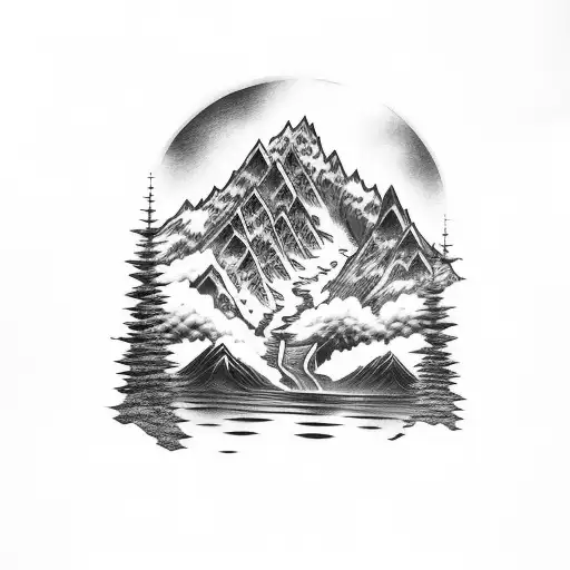 Nature with mountain and owls, trees and wolves, and a waterfall tattoo design idea