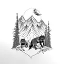 Nature with mountain and owls, trees and wolves, and a waterfall tattoo design idea