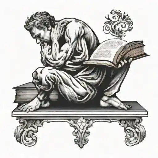 Thinker and book open in front tattoo design idea
