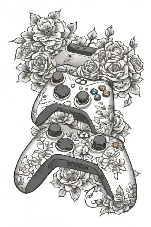 xbox controller surrounded by flowers tattoo design idea