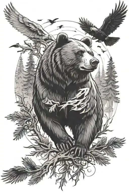 bear with fir trees against the background of crows with outstretched wings tattoo design idea