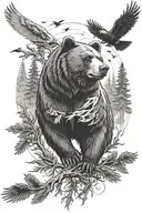 bear with fir trees against the background of crows with outstretched wings tattoo design idea
