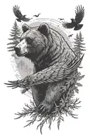 bear with fir trees against the background of crows with outstretched wings tattoo design idea