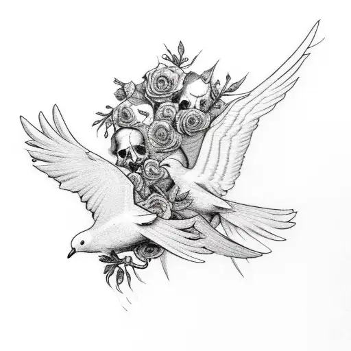 dove and raven flying, with flowers and skulls. gothic style.  tattoo design idea