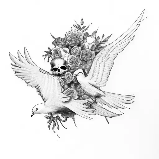 dove and raven, floral and skulls. gothic style.  tattoo design idea