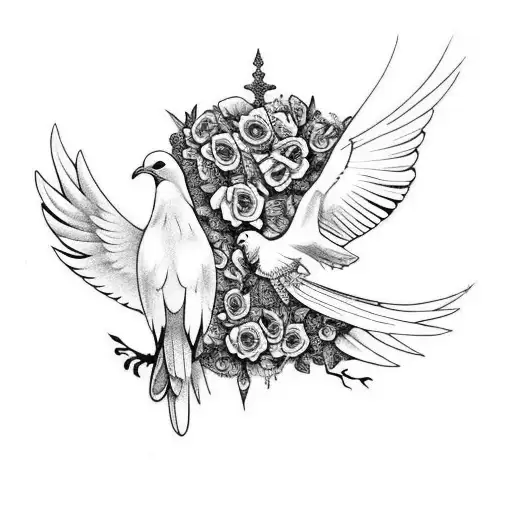 a dove and a raven, floral and skulls. gothic style.  tattoo design idea