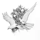 dove and raven flying, with flowers and skulls. gothic style.  tattoo design idea