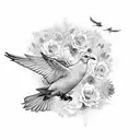 dove and raven flying, with flowers and skulls. gothic style.  tattoo design idea
