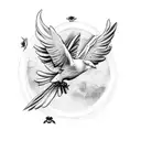 dove and raven flying, with flowers and skulls. gothic style.  tattoo design idea