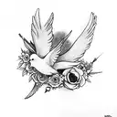 dove and raven flying, with flowers and skulls. gothic style.  tattoo design idea