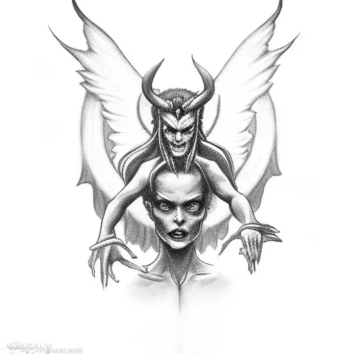 Devil with a Halo looking into a mirror seeing an angel with devil horns tattoo design idea