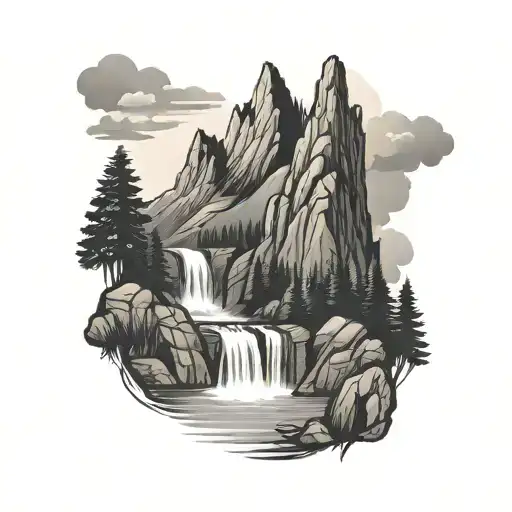 mountain with waterfall tattoo design idea