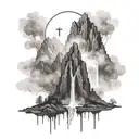 mountain with waterfall with cross made out of mist tattoo design idea