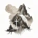mountain with waterfall with cross made out of mist tattoo design idea