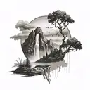 mountain with waterfall with cross made out of mist tattoo design idea