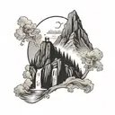 mountain with waterfall with cross made out of mist tattoo design idea