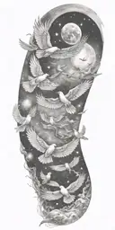 A celestial sleeve tattoo featuring various birds flying through space tattoo design idea