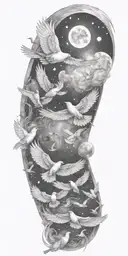 A celestial sleeve tattoo featuring various birds flying through space tattoo design idea