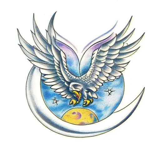 moon with hawk wings tattoo design idea