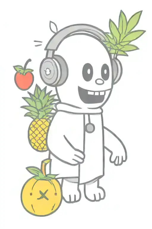 Collage of a simple cartoon ghost wearing headphones, a pineapple, a strawberry, a book, and a clock.  tattoo design idea