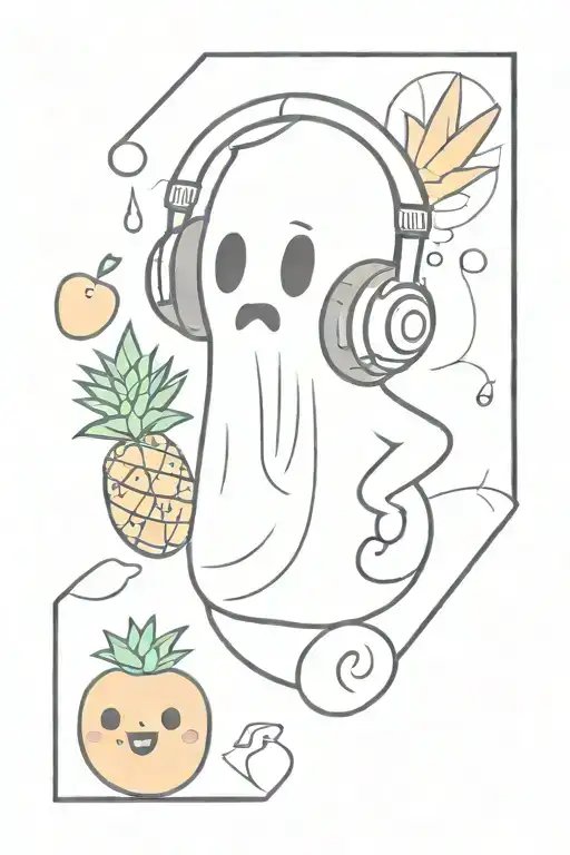 Collage of a simple cartoon ghost wearing headphones, a pineapple, a strawberry, a book, and a clock.  tattoo design idea