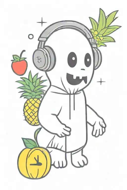 Collage of a simple cartoon ghost wearing headphones, a pineapple, a strawberry, a book, and a clock.  tattoo design idea
