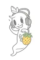 Cartoon ghost with headphones, a strawberry, a pineapple,  tattoo design idea