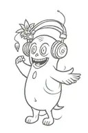 Cartoon ghost with headphones, a strawberry, a pineapple,  tattoo design idea
