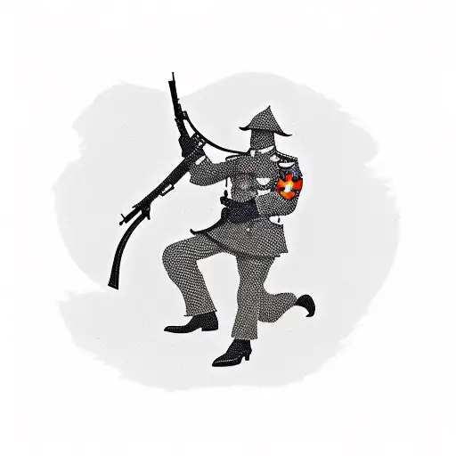 A bold and minimalist silhouette of an ANZAC soldier in uniform, with a rifle. Stylised poppy flower. Cover the forearm. tattoo design idea