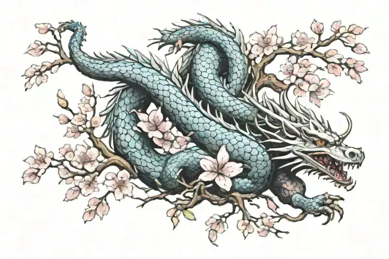Dragon and cherry blossom tree tattoo design idea