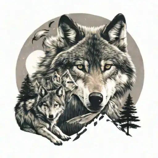 wolf family moon and a tattoo with mountain landscape tattoo design idea