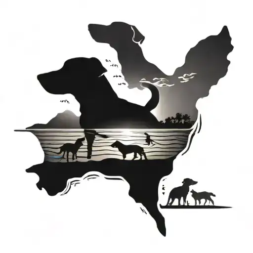 A beach sunset tattoo with silhouettes of dogs playing in the sand tattoo design idea