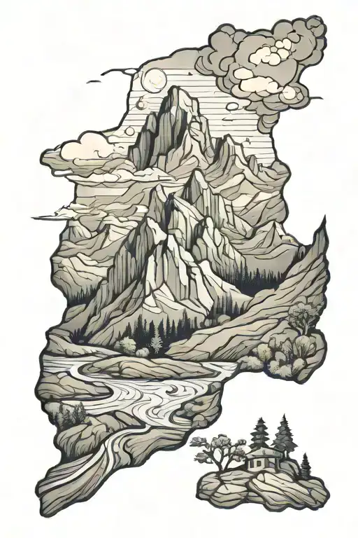 A tattoo design of a mountain range in Spain with a subtle rock n roll twist like a guitar hidden in the landscape tattoo design idea