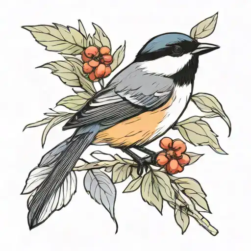 chickadee with daily and olive branch  tattoo design idea