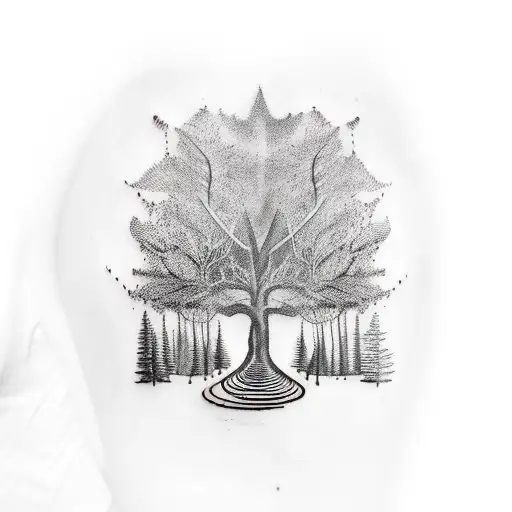 A tattoo of a book with a trail of footprints leading into a forest tattoo design idea