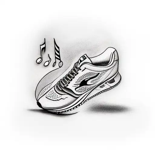 A tattoo of a running shoe with musical notes trailing behind it tattoo design idea