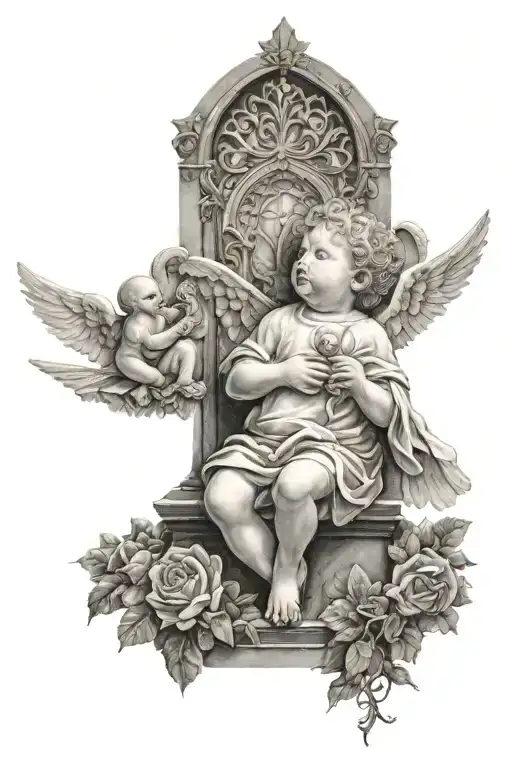 Cathedral background, baby angel, dove, saint, black and white  tattoo design idea