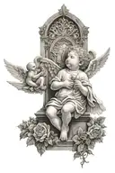 Cathedral background, baby angel, dove, saint, black and white  tattoo design idea