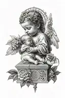 Cathedral background, baby angel, dove, saint, black and white  tattoo design idea