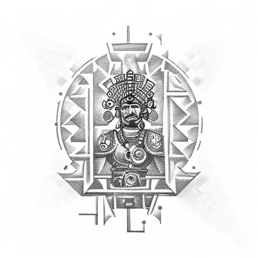 An Aztec warrior holding a blueprint roll, surrounded by mechanical elements tattoo design idea