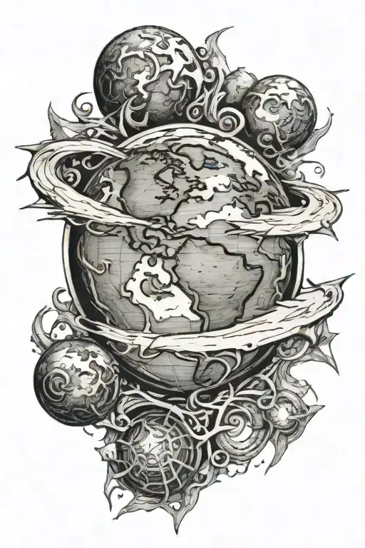 earth planet pierced by trident   tattoo design idea