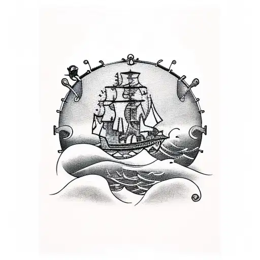 A pirate ship sailing on a sea of musical notes, symbolizing the client's love for music and pirates tattoo design idea